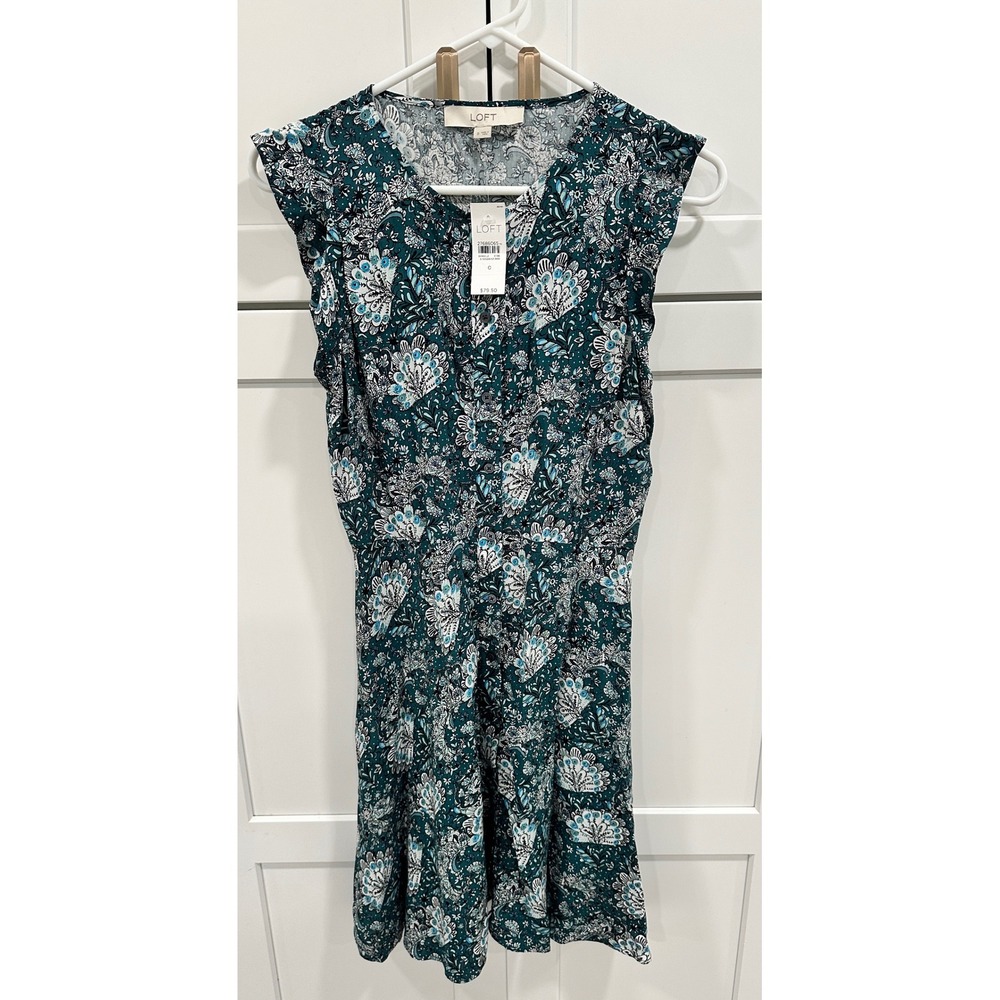 LOFT Floral Print Dress Ruffle Sleeves Button Front Green Size‎ 0
